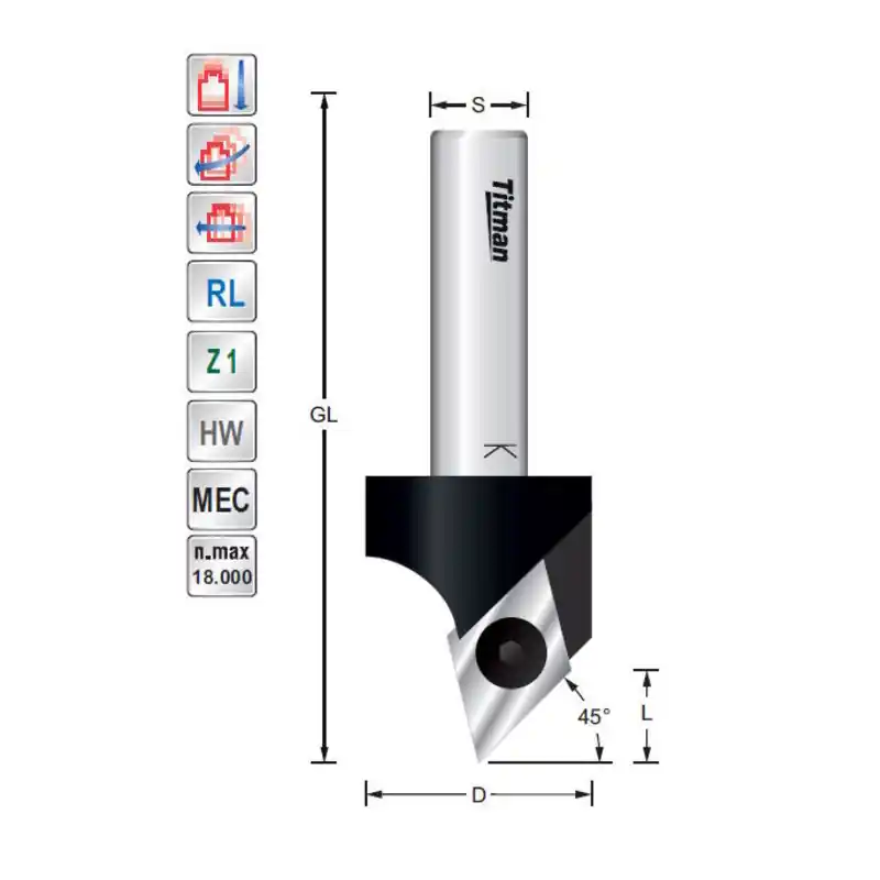 Replacement tip V-Groove cutter 45° S12mm