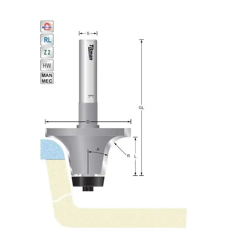 Fraise à arrondir R12,7 18° S12mm pour Corian