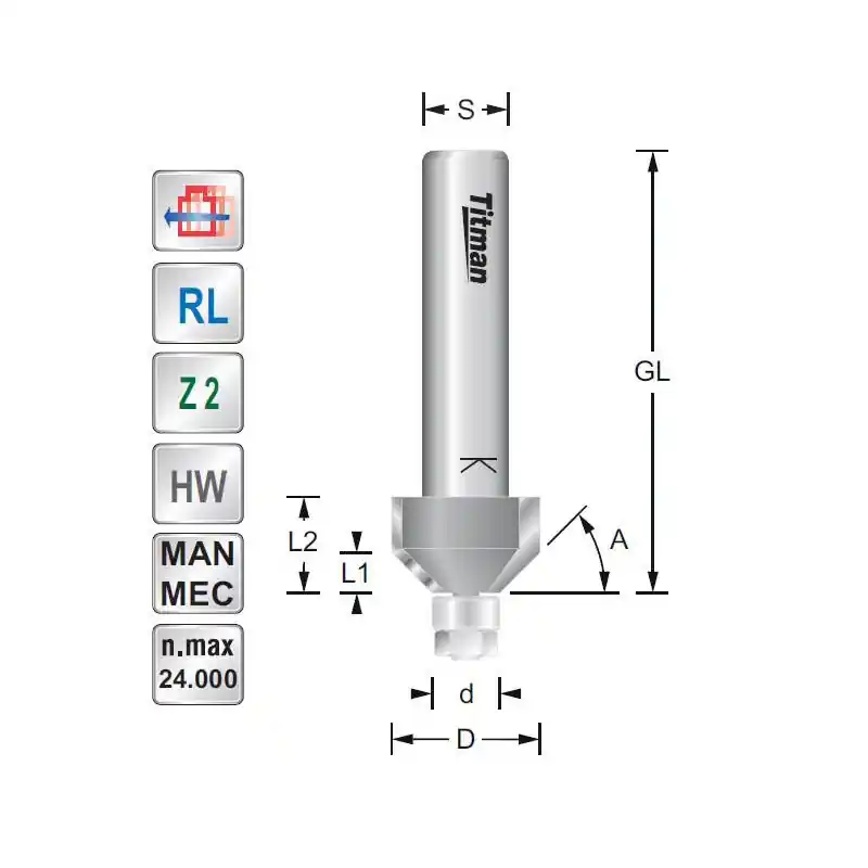 Miniature bevel cutter with bearing 45° D22 S6mm