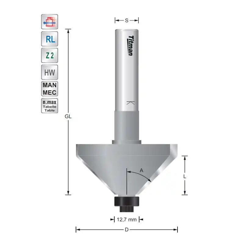 Bevel cutter 45° S12mm with bearing for solid surface
