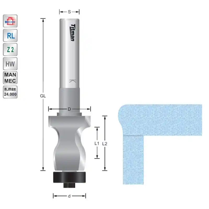 Overflow edge cutter L1-18mm L2-33mm for straight fronts for solid surface