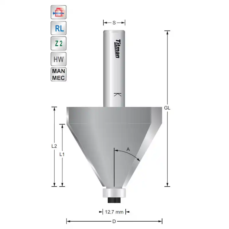 Bevel cutter 22.5° S12mm with bearing and high cutting length
