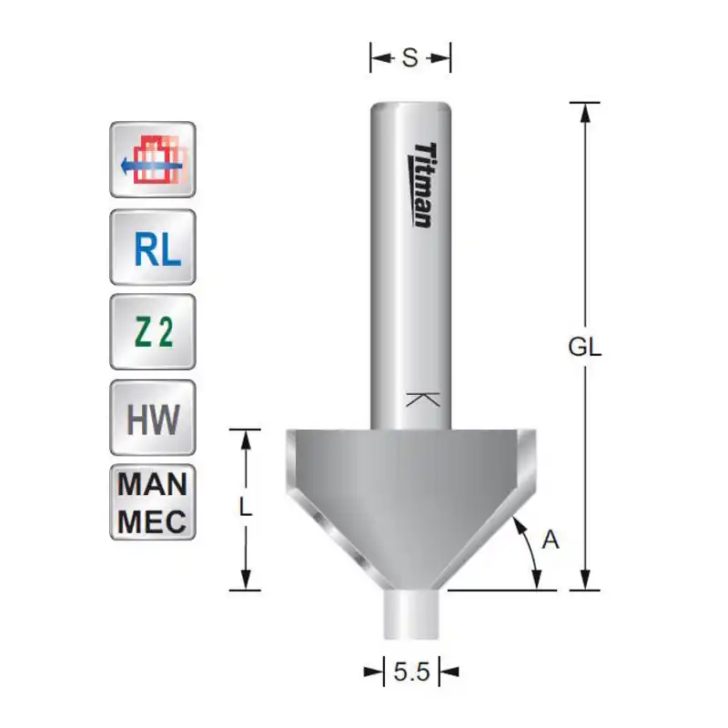 Bevel cutter with guide pin 45° S6mm