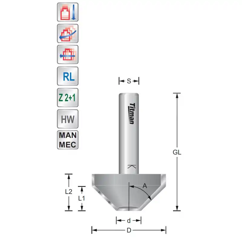 Bevel cutter with center tip 15° S8mm