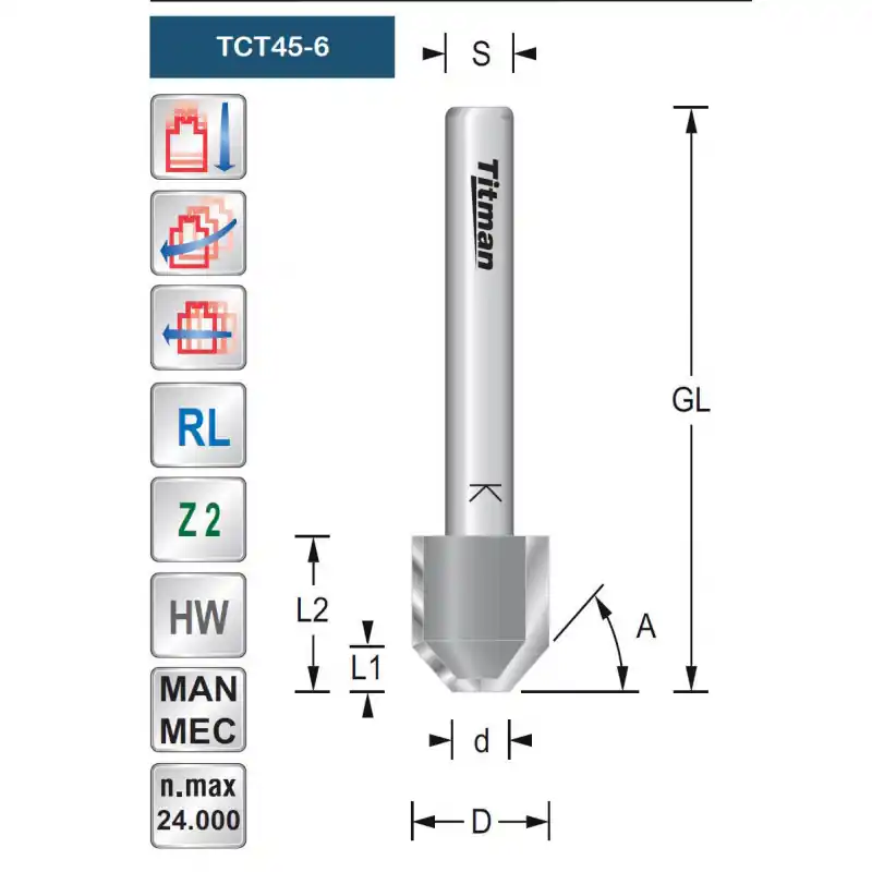 Bevel cutter with plunging facility 45° S6mm