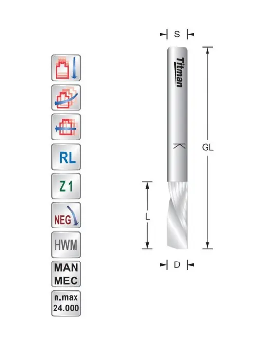 Spiral cutter Z1 Negative - Down cut D4 L14 S4 mm