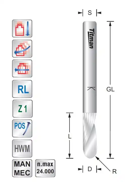 Ball nose Spiral cutter. D10 R5. L45 S10 mm Z1 Positive - Upcut