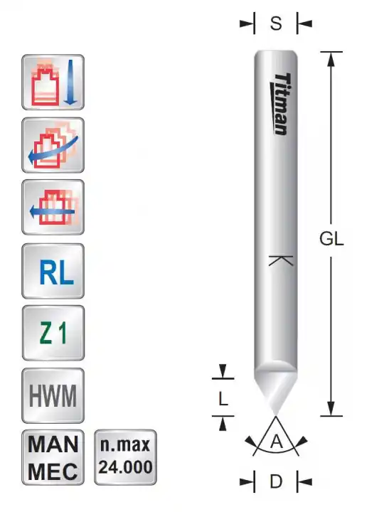 Engraving cutter for plastics Z1 60° D8 S8mm