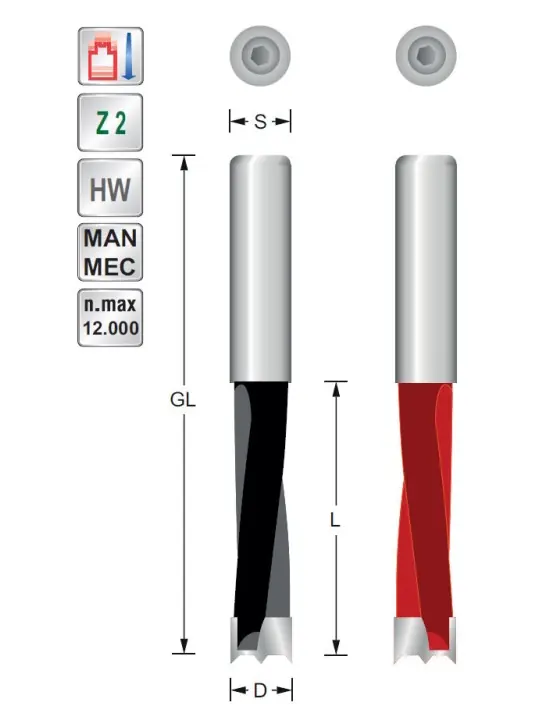 Dowel drill bit D5 S8 mm cylindrical Righthand rot.