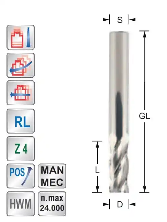 Spiral cutter Z4 Positive - Upcut 4mm S4mm