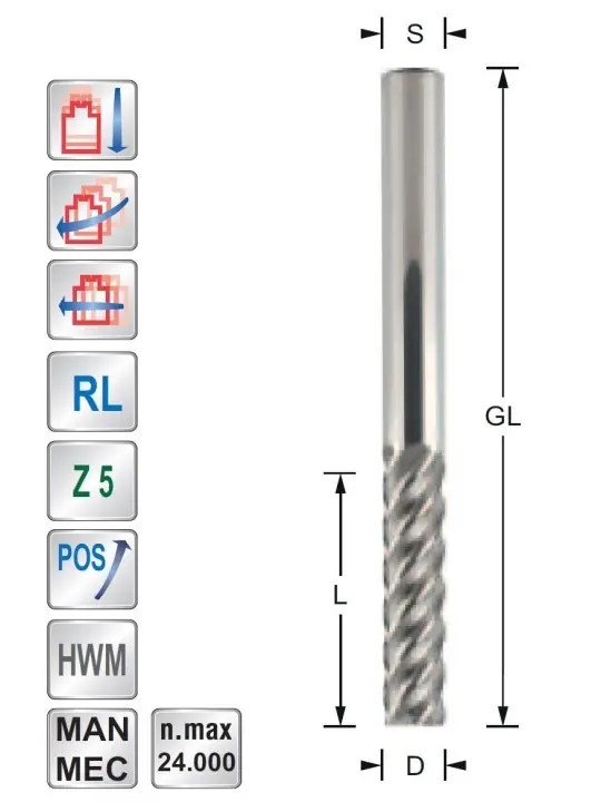 Spiral cutter Z5 Positive - Upcut 10mm S10mm
