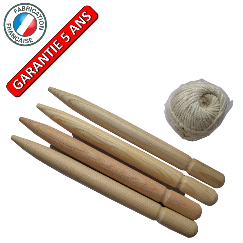 Cordeau de jardin 4 piquets bois 30cm Corde coton 35m