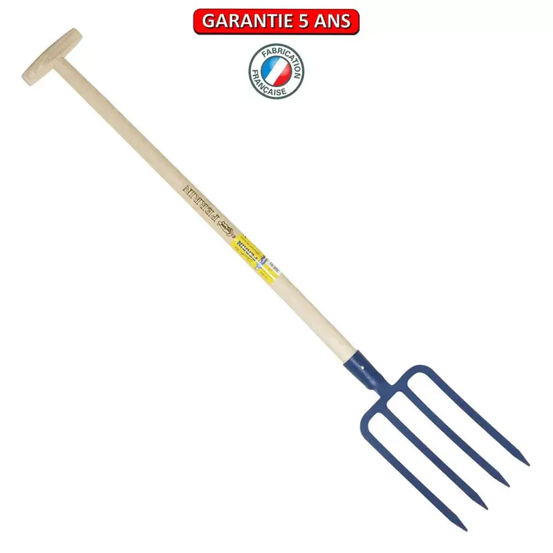 Fourche à bêcher à douille 4 dents triangulaires 29 cm. Emmanché béquille 80 cm