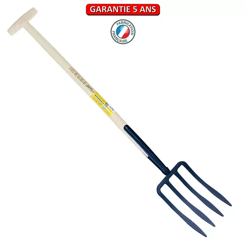 Fourche à bêcher à soie, 4 dents spatulées 27 cm. Emmanché béquille tourne.
