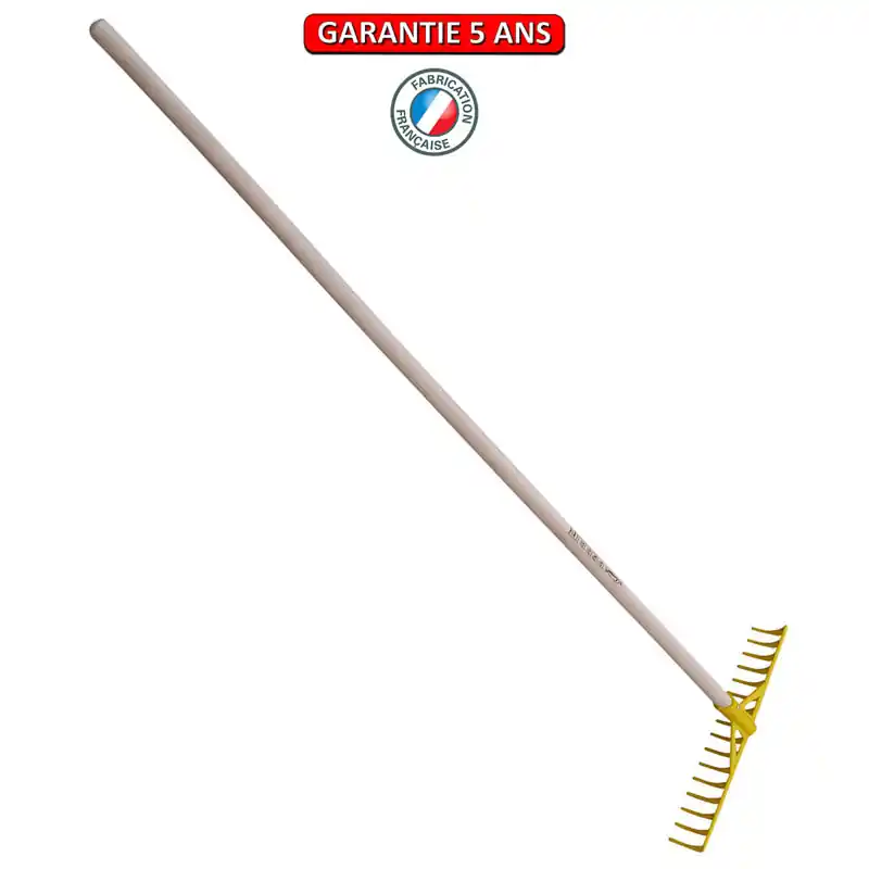 Râteau fibre jaune à bunker, 16 dents courbes. Emmanché droit 150.