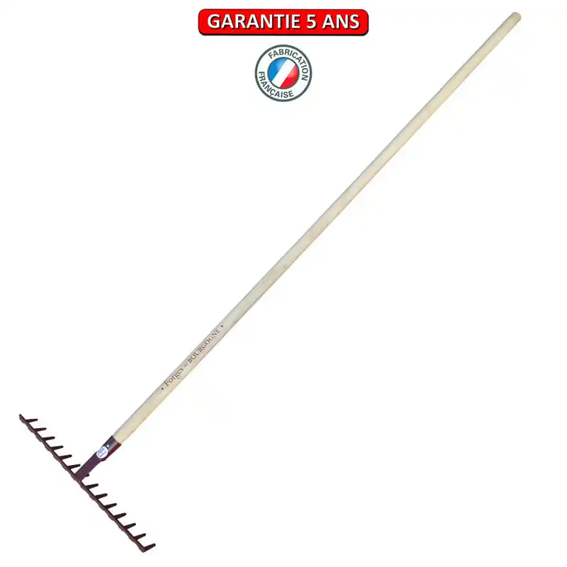 Râteau forgé, 14 dents courbes. Emmanché droit 150. Outil à main de jardin.
