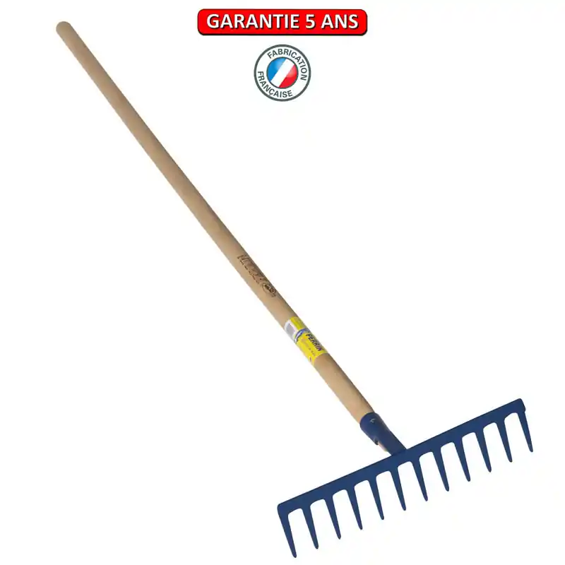 Râteau forgé, 12 dents droites. Emmanché 165. Outil à main de jardin.
