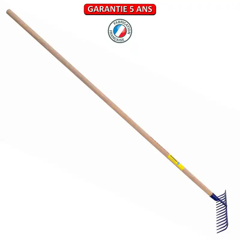 Râteau forgé, 16 dents courbes. Emmanché 165. Outil à main de jardin.
