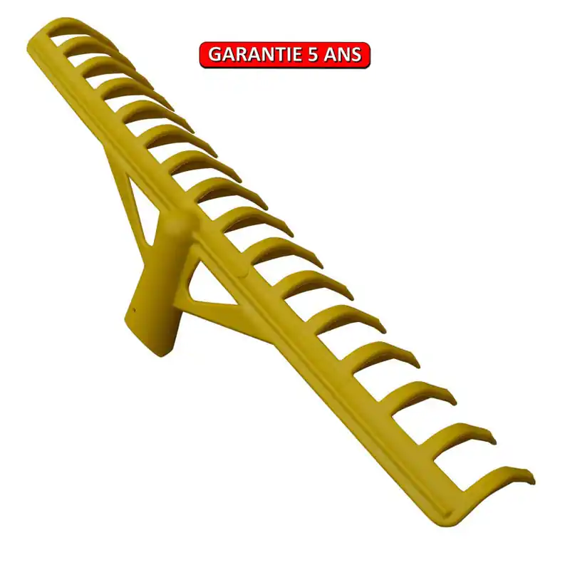 Râteau fibre jaune à bunker, 16 dents courbes. Sans manche.