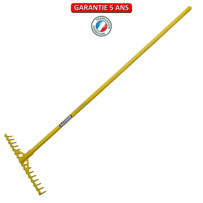 Râteau fibre jaune à bunker, 16 dents courbes. Emmanché compo tube 150.