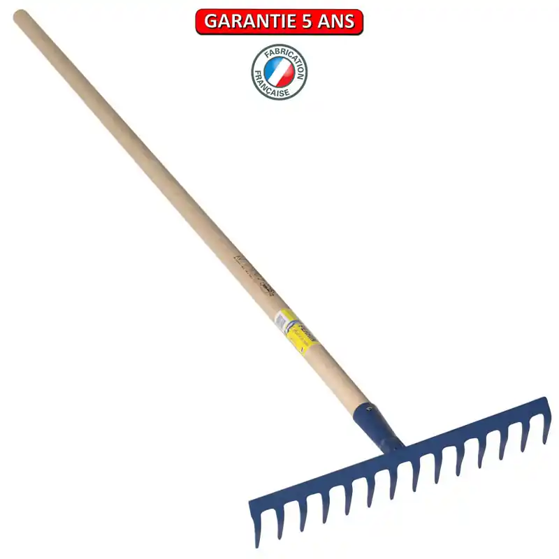 Râteau soudé, 12 dents courbes. Emmanché 165. Outil à main de jardin.