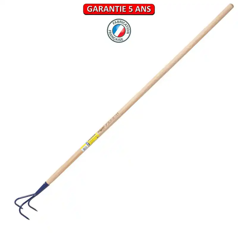 Griffe piocheuse 3 dents. Emmanché droit 130 cm. Outil à main de jardin.