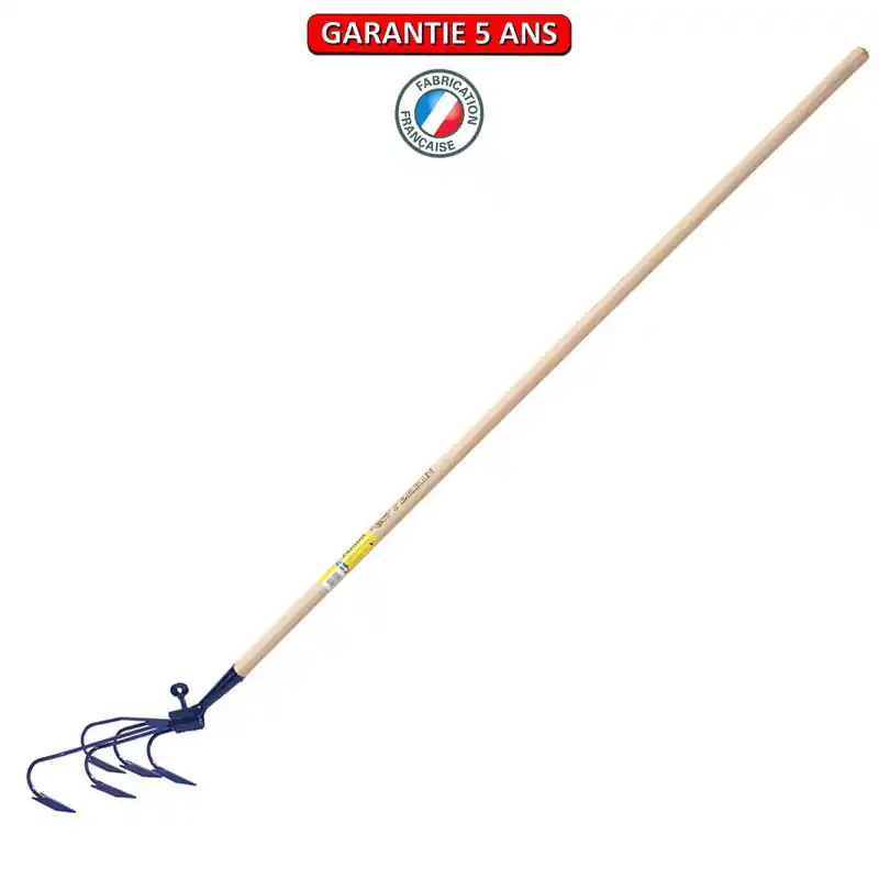 Cultivateur 5 dents. Emmanché droit 150 cm. Outil à main de jardin.