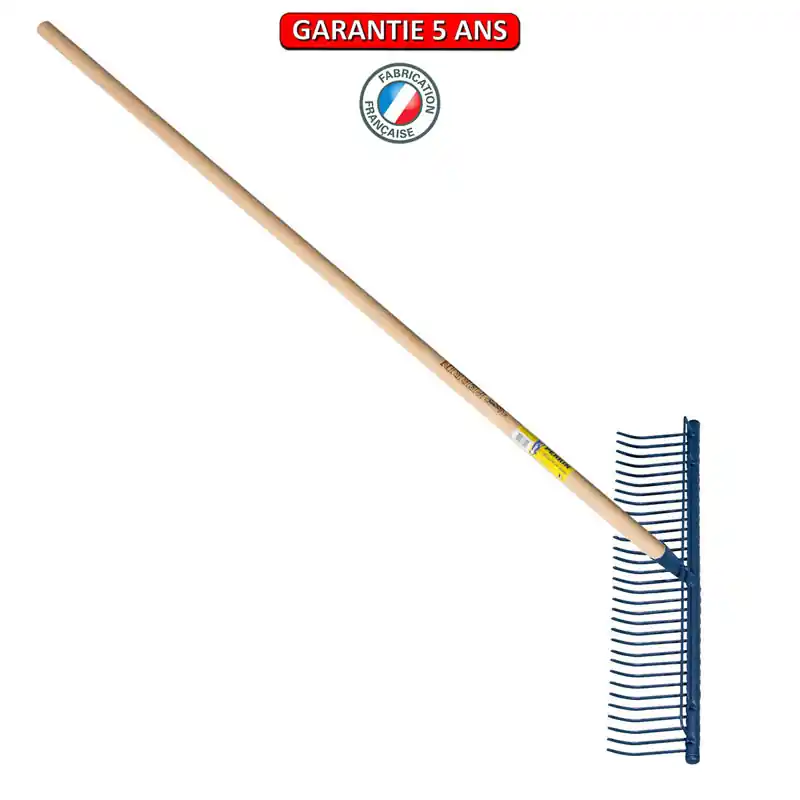 Râteau à gazon, 56 dents. Emmanché droit. Outil à main de jardin.