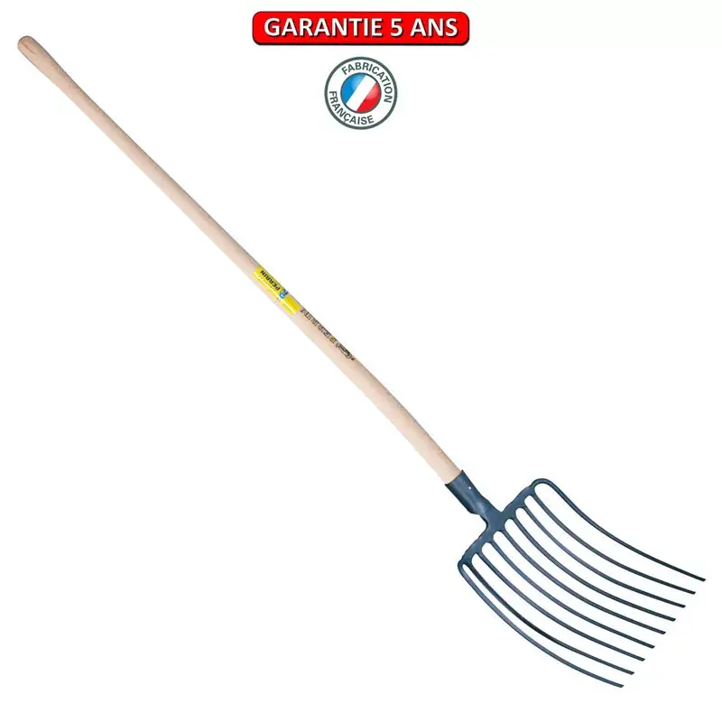Fourche à cailloux, 9 dents. Emmanché 135. Outil à main de jardin.