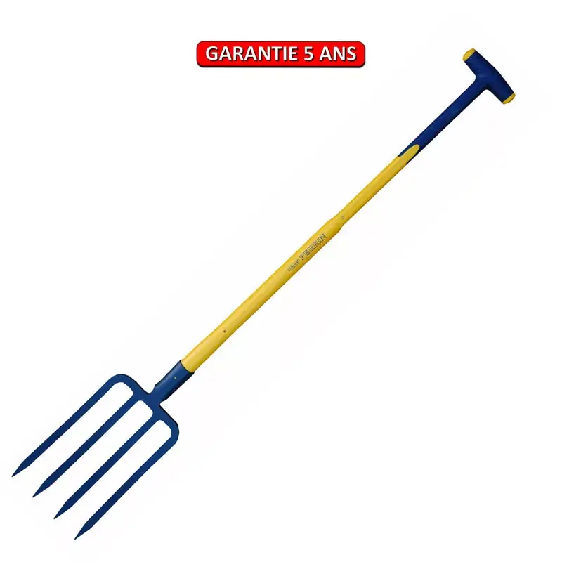 Fourche à bêcher à douille 27 cm 4 dents manche composite béquille 90 cm.
