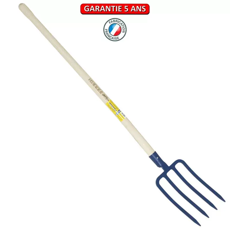 Fourche à bêcher à douille, 4 dents triangulaires 27 cm. Emmanché pomme 105.