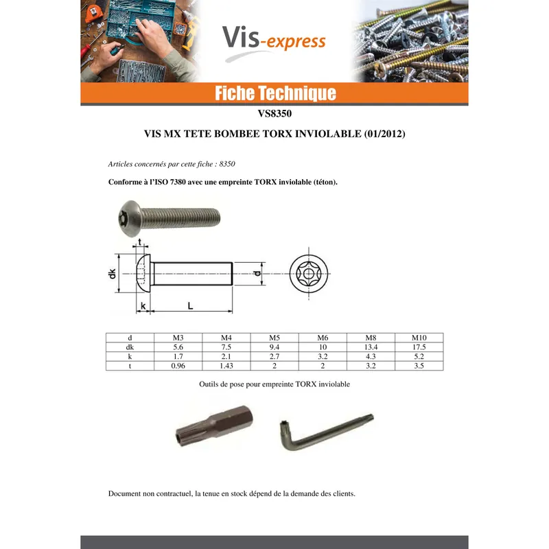 1 x Vis métaux Inox A2 Inviolable Tête bombée TORX T30 avec téton M6X40