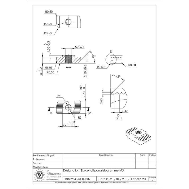1 x Ecrou RAIL PARRALELOGRAMME M5 Acier zingué