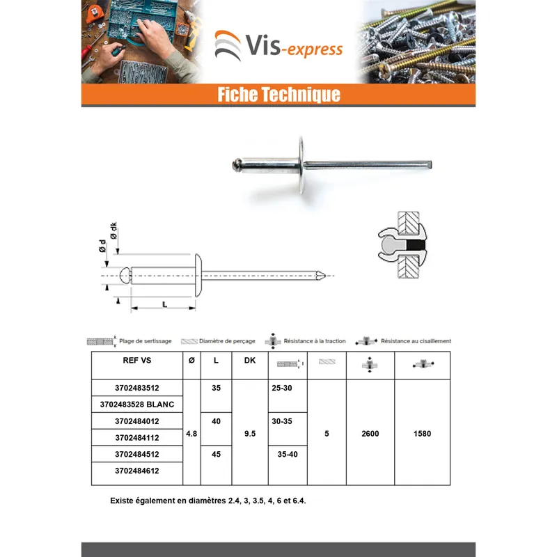 1 x Rivet aveugle Aluminium Tige acier 4.8X10 Epaisseur de serrage 3 à 5 Tête Ronde Standard Laqué blanc
