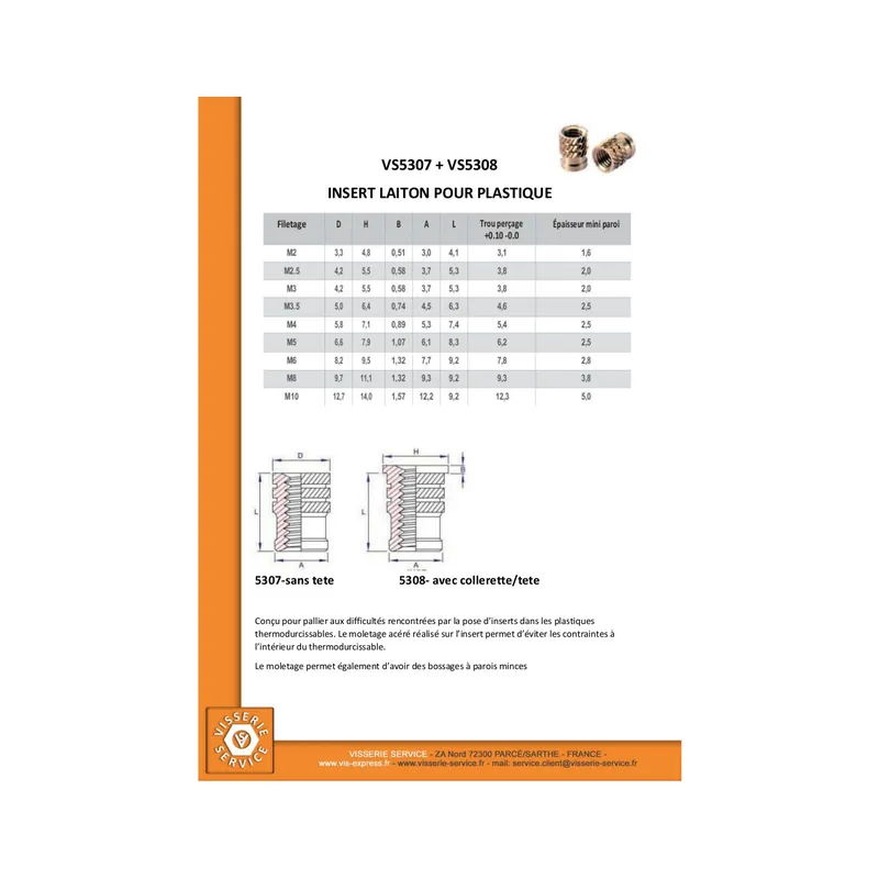 1 x Insert Avec Tête BROACHFIX Laiton M6X9.2