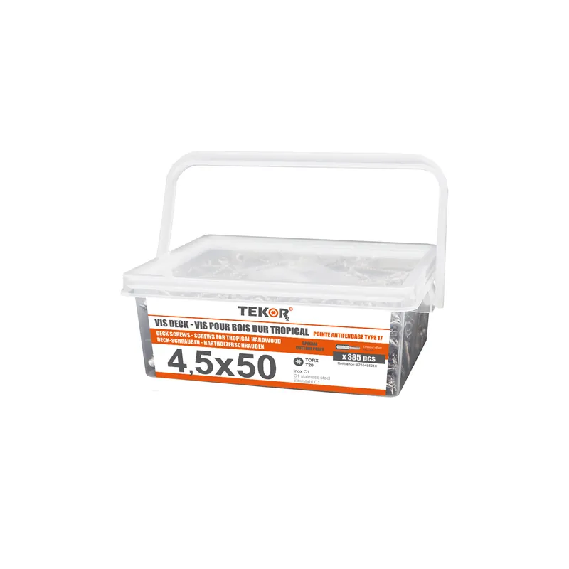 1 x Seau de 385 Vis DECK TEKOR 4.5X50 Pointe antifendage type 17 Inox C1 AISI 410 Tête fraisée