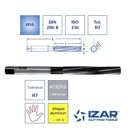 alésoir à main Izar HSS DIN 206B tolérance H7 de 10.6 à 30 mm