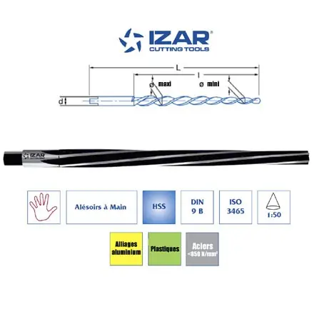 alésoir à main conique Izar HSS (conicité 1 50) de 2 à 10 mm