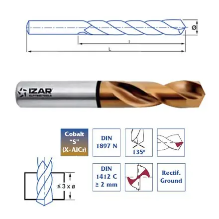 foret cobalt-S spécial HARDOX Izar extra court de 2 à 18mm